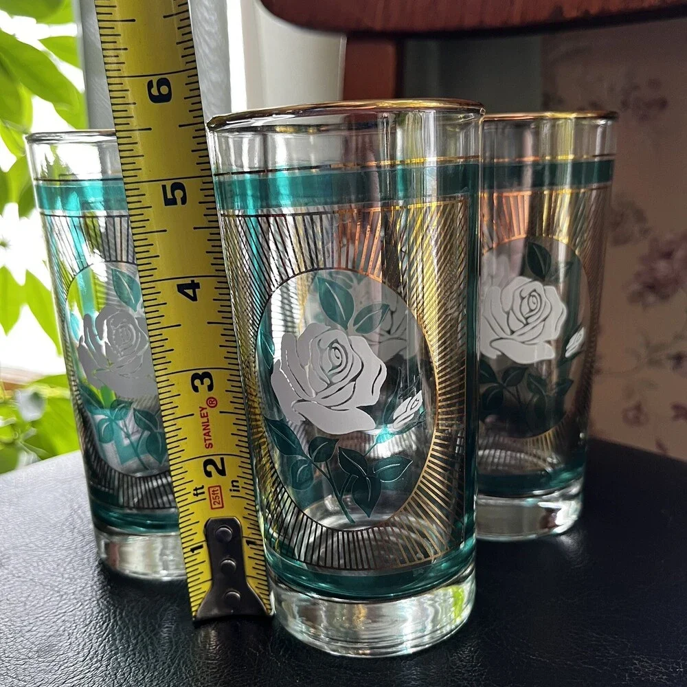 Set of 4 Vtg Libbey Party Time Glasses Tumblers Green With White Rose 12 Oz 5.5”